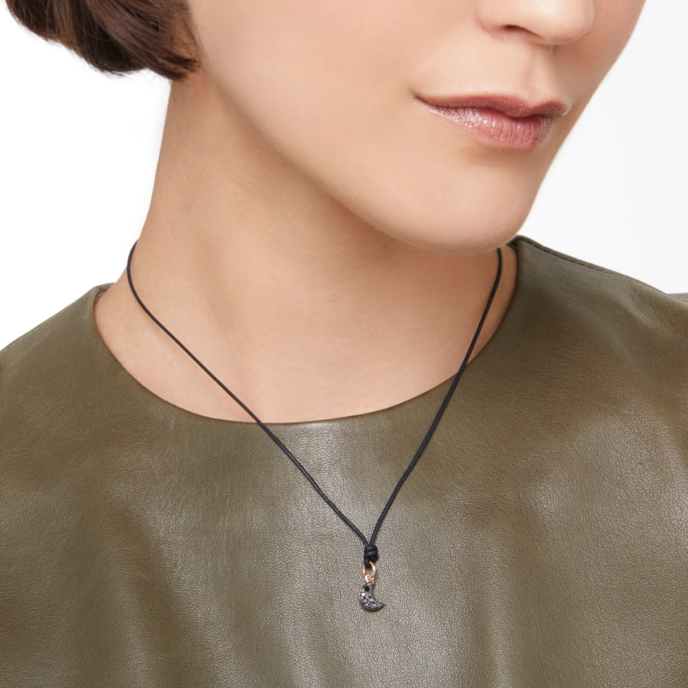 Pendentif Lune Or Rose &amp; Diamants Noirs